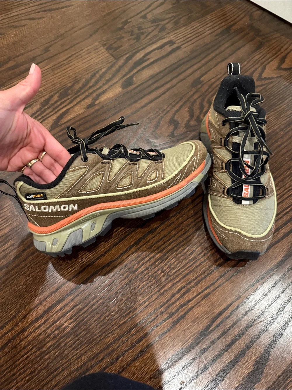Salomon Men's Tan and Black Trail Sneakers with Lime Accents